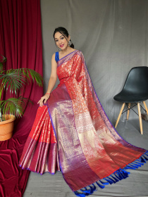 Kanjeevaram Silk Saree with Silver Jaal Woven & Rich pallu  - Peach