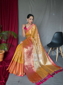 Kanjeevaram Silk Saree with Silver Jaal Woven & Rich pallu  - Yellow