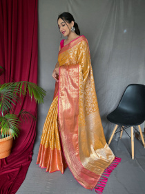 Kanjeevaram Silk Saree with Silver Jaal Woven & Rich pallu  - Yellow