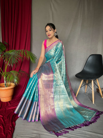 Kanjeevaram Silk Saree with Silver Jaal Woven & Rich pallu  - Blue