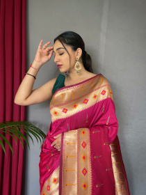 Paithani Silk Saree with Meenakari Zari Woven border&RichPallu-Pink