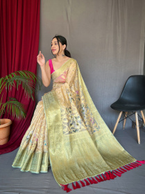 Kora Muslin Silk Saree With Zari Woven Jaal & Rich pallu  - Gold