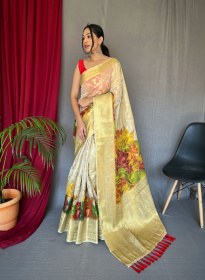 Kora Muslin Silk Saree With Zari Woven Jaal & Rich pallu  - Cream