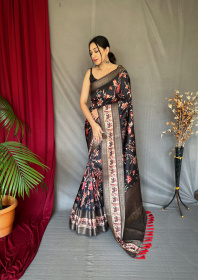 Banarasi Silk Saree with 3D Kalamkari Print attached by tassels -Grey