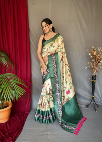 Banarasi Silk Saree with 3D Kalamkari Print attached by tassels -Cream