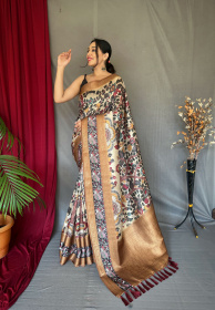 Banarasi Silk Saree with 3D Kalamkari Print attached by tassels -Multi
