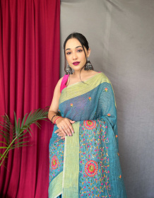 Cotton Linen Saree With Multicolor thread Embroidery& Rich Pallu -Blue