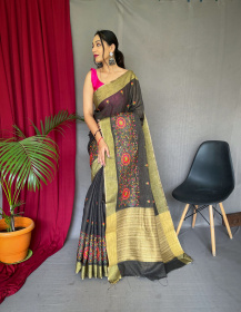 Cotton Linen Saree With Multicolor thread Embroidery& Rich Pallu -Grey