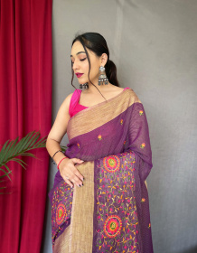 Cotton Linen Saree With Multicolor threadEmbroidery& RichPallu -Purple