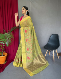 Cotton Linen Saree With Multicolor threadEmbroidery& RichPallu -Yellow