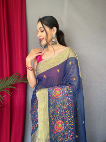Cotton Linen Saree With Multicolor threadEmbroidery& RichPallu -Blue