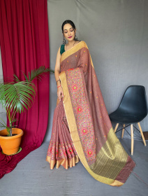 Cotton Linen Saree With Multicolor threadEmbroidery& RichPallu -Pink