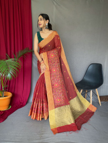 Cotton Linen Saree With Multicolor threadEmbroidery& RichPallu -Red