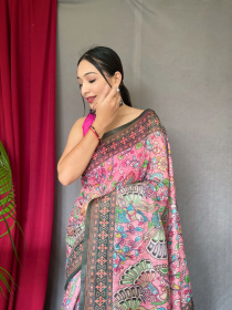 Beautiful Soft Cotton Saree With Bandhni & Kalamkari Print - Pink