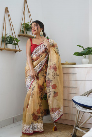 Premium Organza Digital Printed saree with Embroidery Work - Cream