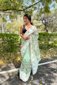 Premium Organza saree with Chikankari Embroidery Border - Green