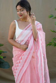 Soft Organza Designer saree with Embroidery Work Border - Pink