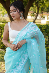 Soft Organza Designer saree with Embroidery Work Border - Blue