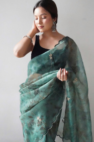 Soft Organza Designer saree with Hand work Embroidery  - Turquoise