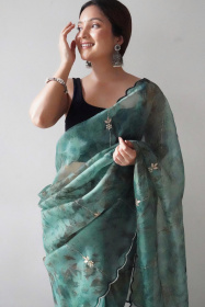 Soft Organza Designer saree with Hand work Embroidery  - Turquoise