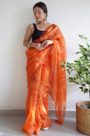 Soft Organza Designer saree with Hand work Embroidery  - Orange