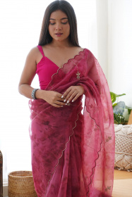 Soft Organza Designer saree with Hand work Embroidery  - Pink
