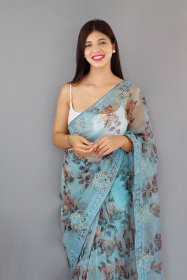 Pure Organza Silk Digital Printed saree with Embroidery Work - Skyblue