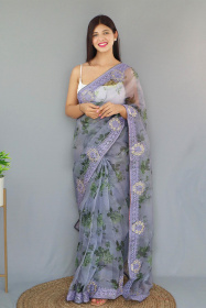 Pure Organza Silk Digital Printed saree with Embroidery Work - Grey