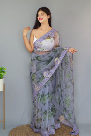 Pure Organza Silk Digital Printed saree with Embroidery Work - Grey