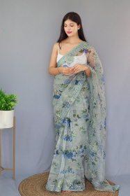 Pure Organza Silk Digital Printed saree with Embroidery Work - Blue
