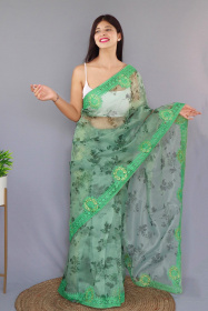Pure Organza Silk Digital Printed saree with Embroidery Work - Green