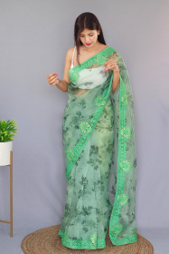 Pure Organza Silk Digital Printed saree with Embroidery Work - Green