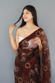 Pure Organza Silk Digital Printed saree with Embroidery Work - Brown