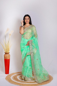 Soft Organza Designer saree with Hand work Embroidery - Green