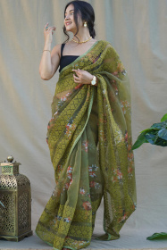 Premium Organza Digital Printed saree with chikankari Work - Green