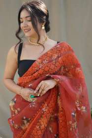 Premium Organza Digital Printed saree with chikankari Work - Red