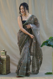 Premium Organza Digital Printed saree with chikankari Work - Grey