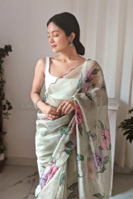 Premium Organza Digital Printed saree with Embroidery Work - Green