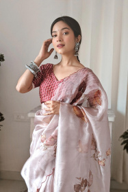Premium Organza Digital Printed saree with Embroidery Work - Brown