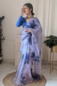 Premium Organza Digital Printed saree with Embroidery Work - Blue