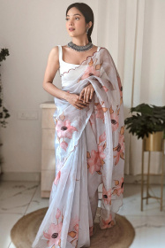 Premium Organza Digital Printed saree with Embroidery Work - Grey