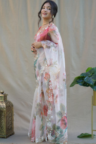 Premium Organza Digital Printed saree with Hand Embroidery - White