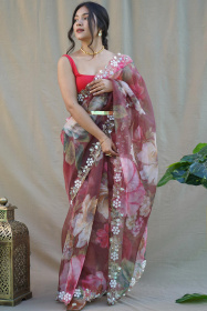 Premium Organza Digital Printed saree with Hand Embroidery - Purple
