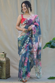 Premium Organza Digital Printed saree with Hand Embroidery - Blue