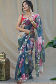 Premium Organza Digital Printed saree with Hand Embroidery - Blue