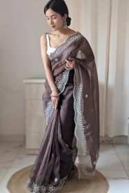 Premium Pure Organza designer saree with Embroidery Work- Grey
