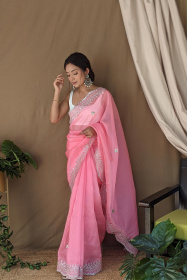 Premium Pure Organza designer saree with Embroidery Work- Pink