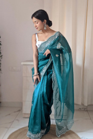 Premium Pure Organza designer saree with Embroidery Work- Blue