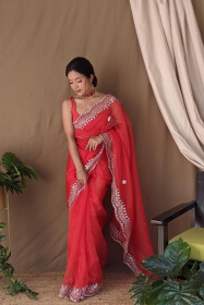 Premium Pure Organza designer saree with Embroidery Work- Red