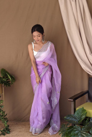 Premium Pure Organza designer saree with Embroidery Work- Lavender